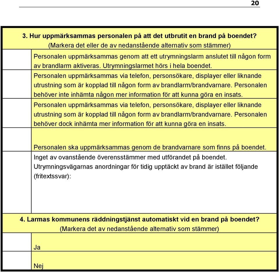 Utrymningslarmet hörs i hela boendet. Personalen uppmärksammas via telefon, personsökare, displayer eller liknande utrustning som är kopplad till någon form av brandlarm/brandvarnare.
