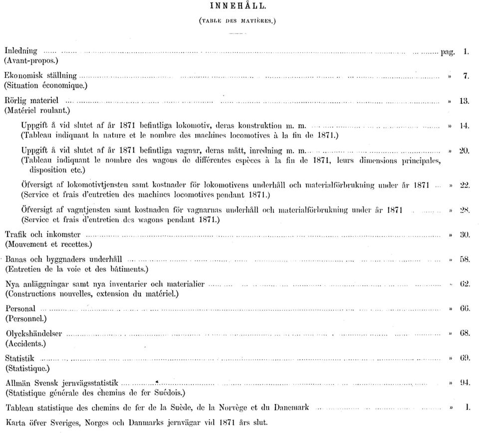 ) Uppgift å vid slutet af år 1871 befintliga vagnar, deras mått, inredning m. m» 20.