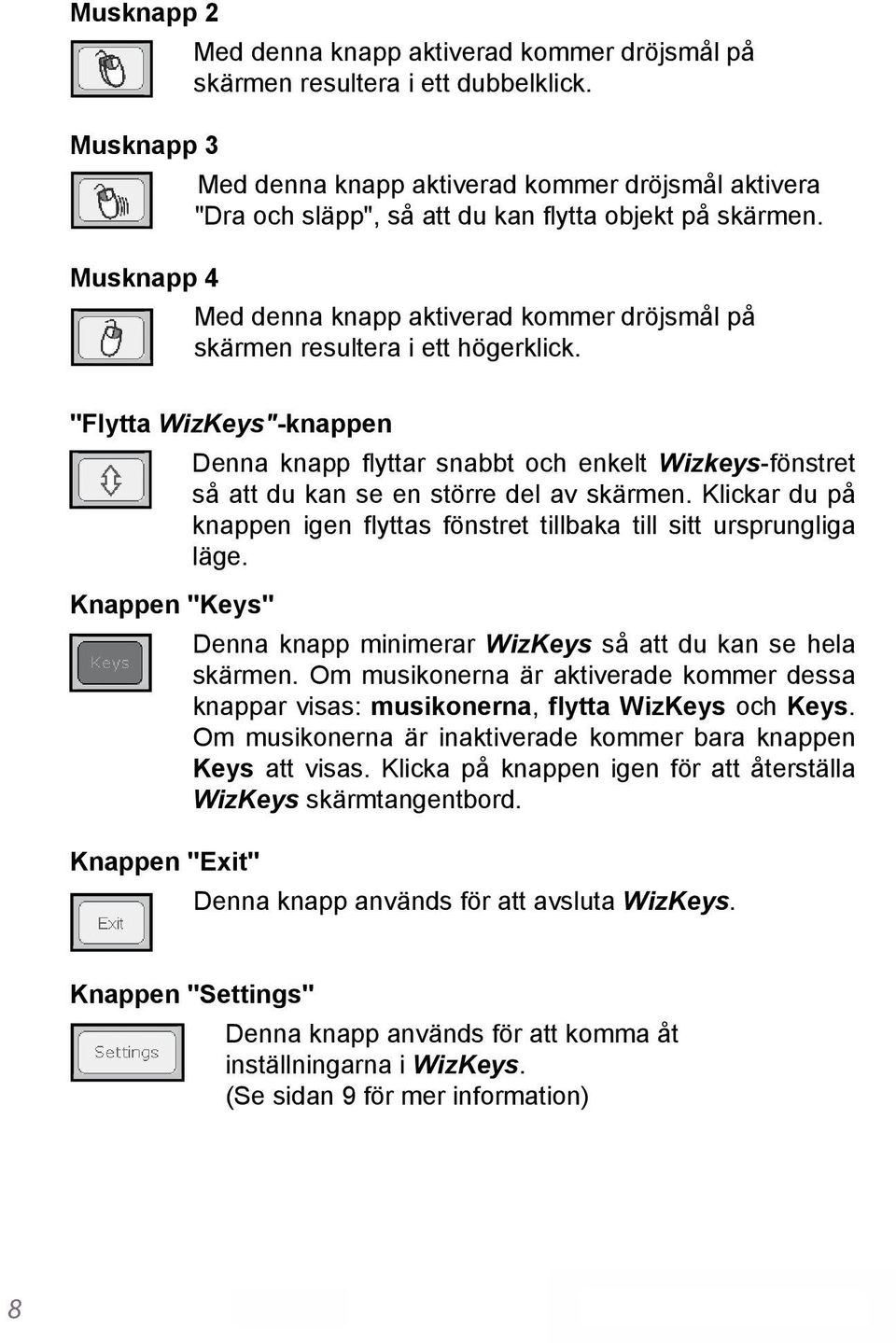 "Flytta WizKeys"-knappen Knappen "Keys" Knappen "Exit" Denna knapp flyttar snabbt och enkelt Wizkeys-fönstret så att du kan se en större del av skärmen.