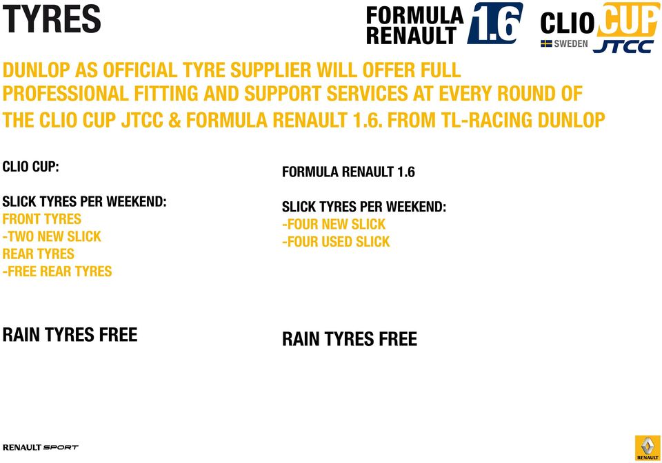 from tl-racing dunlop Clio Cup: Slick tyres per weekend: Front tyres -Two new slick Rear tyres