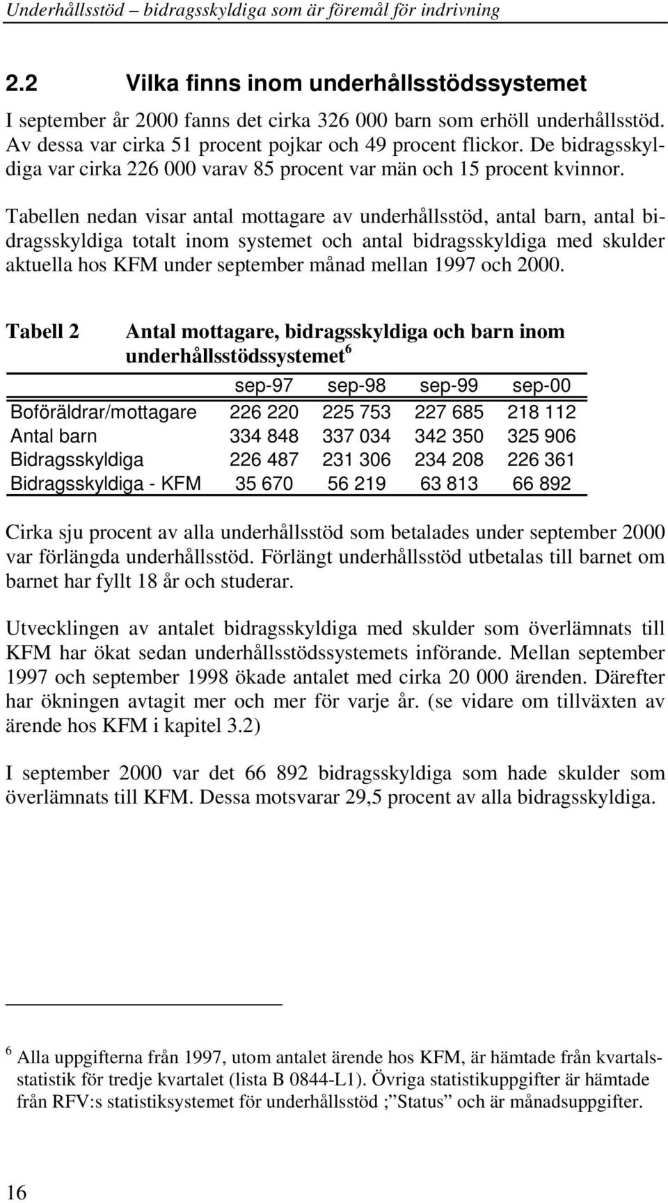 Tabellen nedan visar antal mottagare av underhållsstöd, antal barn, antal bidragsskyldiga totalt inom systemet och antal bidragsskyldiga med skulder aktuella hos KFM under september månad mellan 1997