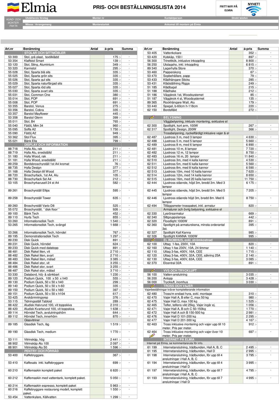 Trinettkök, inklusive inkoppling 8 800 :- - 53 120 Stol, Sting, Aluminium 349 :- - 56 250 Utslagsho, inkl.