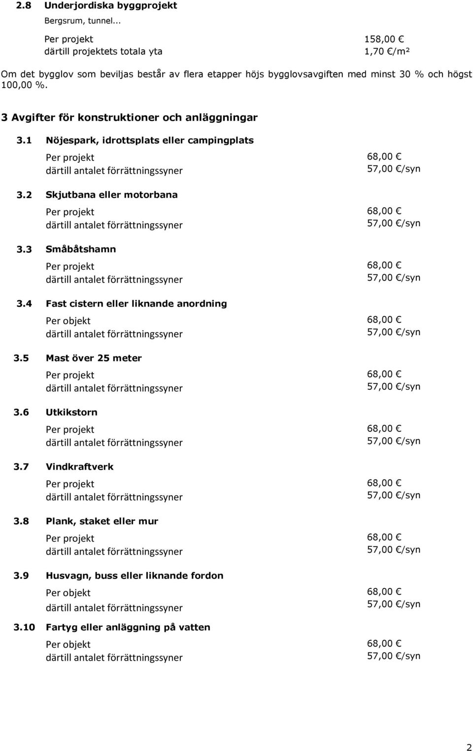 100,00 %. 3 Avgifter för konstruktioner och anläggningar 3.1 Nöjespark, idrottsplats eller campingplats 3.2 Skjutbana eller motorbana 3.