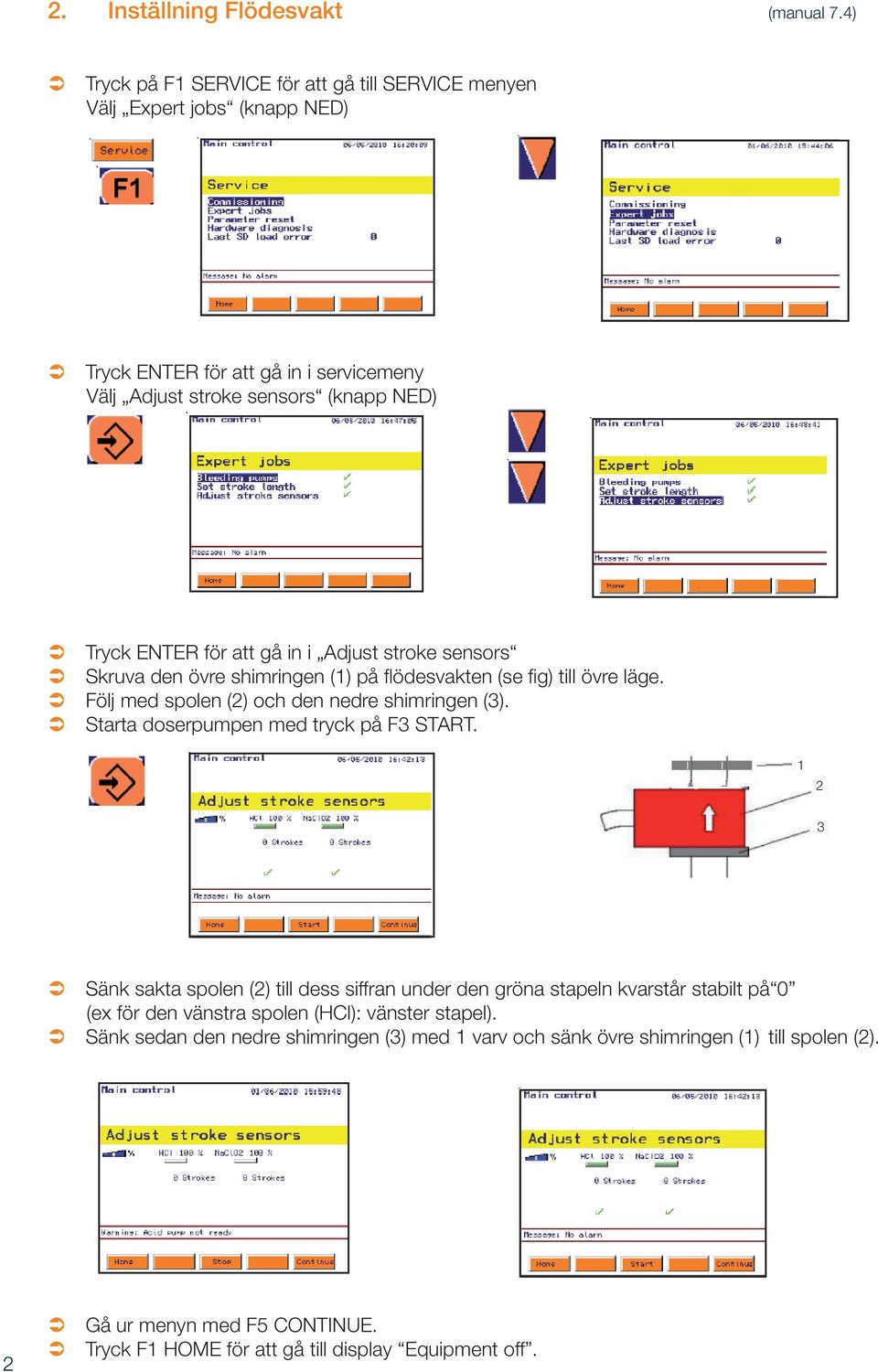 gå in i Adjust stroke sensors Skruva den övre shimringen (1) på flödesvakten (se fig) till övre läge. Följ med spolen (2) och den nedre shimringen (3).