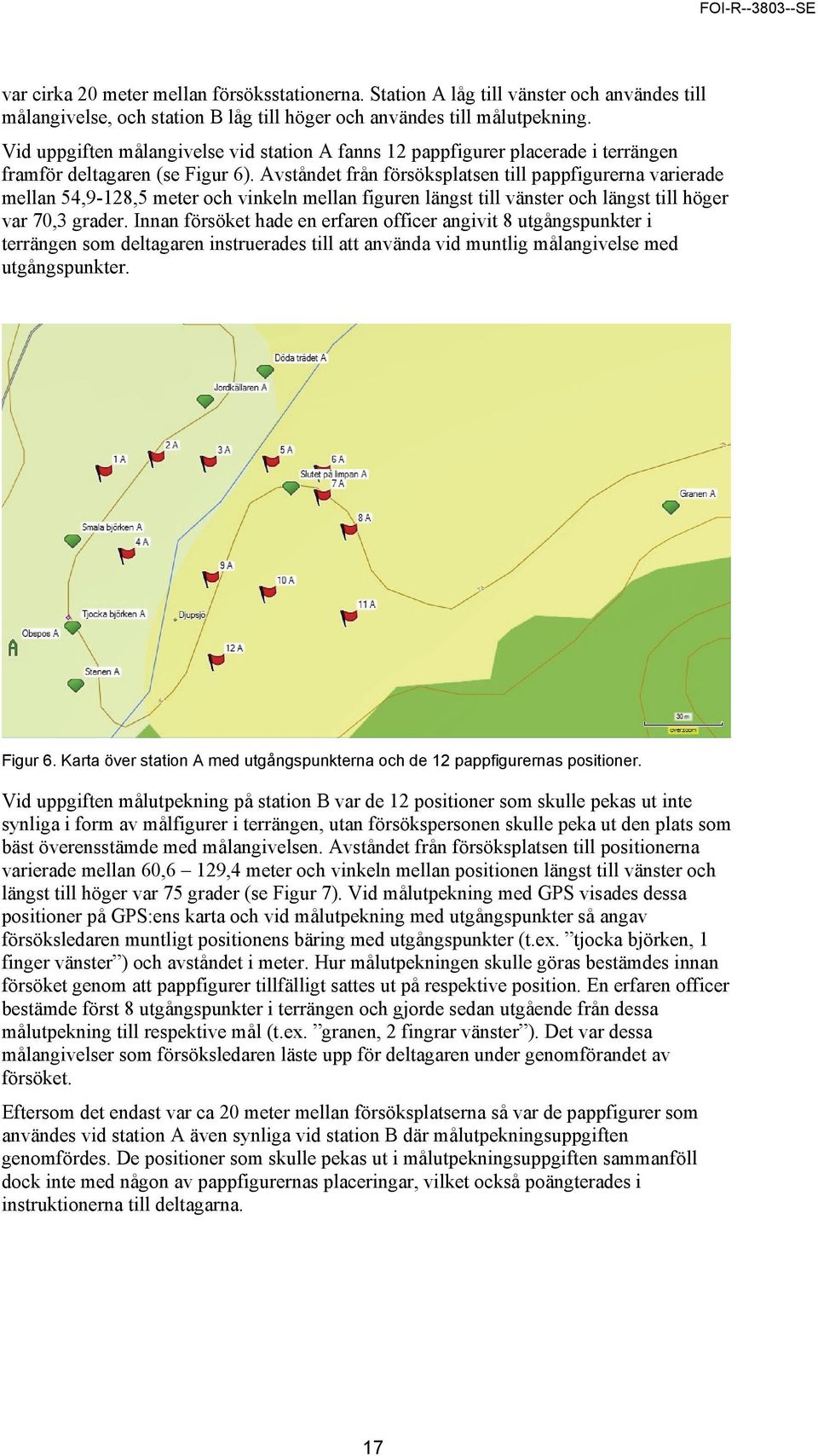 Avståndet från försöksplatsen till pappfigurerna varierade mellan 54,9-128,5 meter och vinkeln mellan figuren längst till vänster och längst till höger var 70,3 grader.