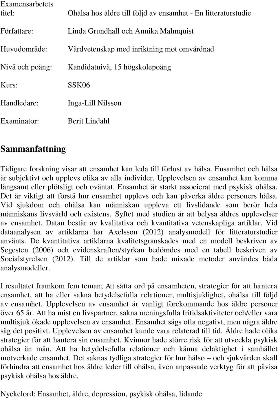 Ensamhet och hälsa är subjektivt och upplevs olika av alla individer. Upplevelsen av ensamhet kan komma långsamt eller plötsligt och oväntat. Ensamhet är starkt associerat med psykisk ohälsa.