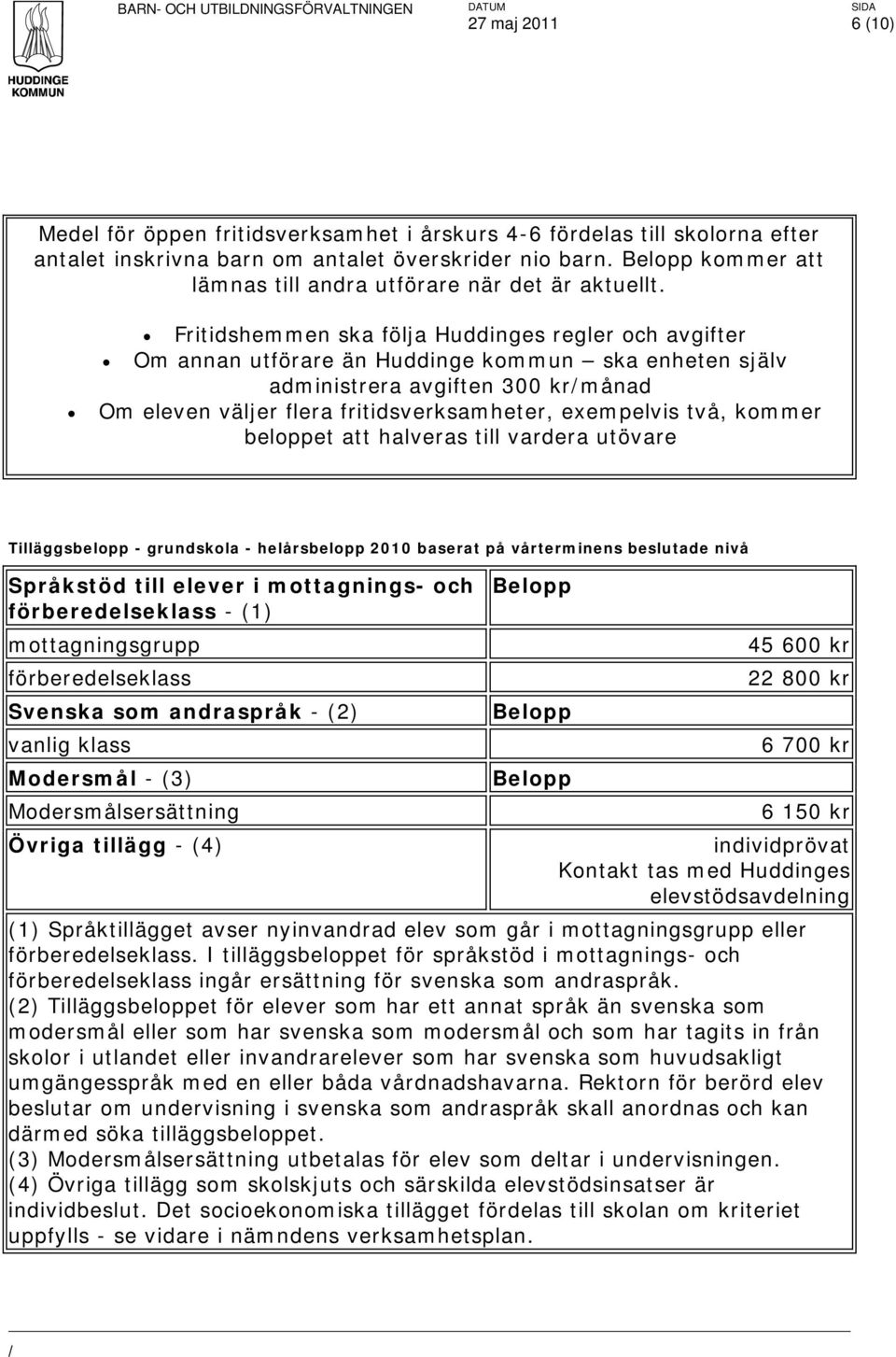 Fritidshemmen ska följa Huddinges regler och avgifter Om annan utförare än Huddinge ska enheten själv administrera avgiften 300 krmånad Om eleven väljer flera fritidsverksamheter, exempelvis två,