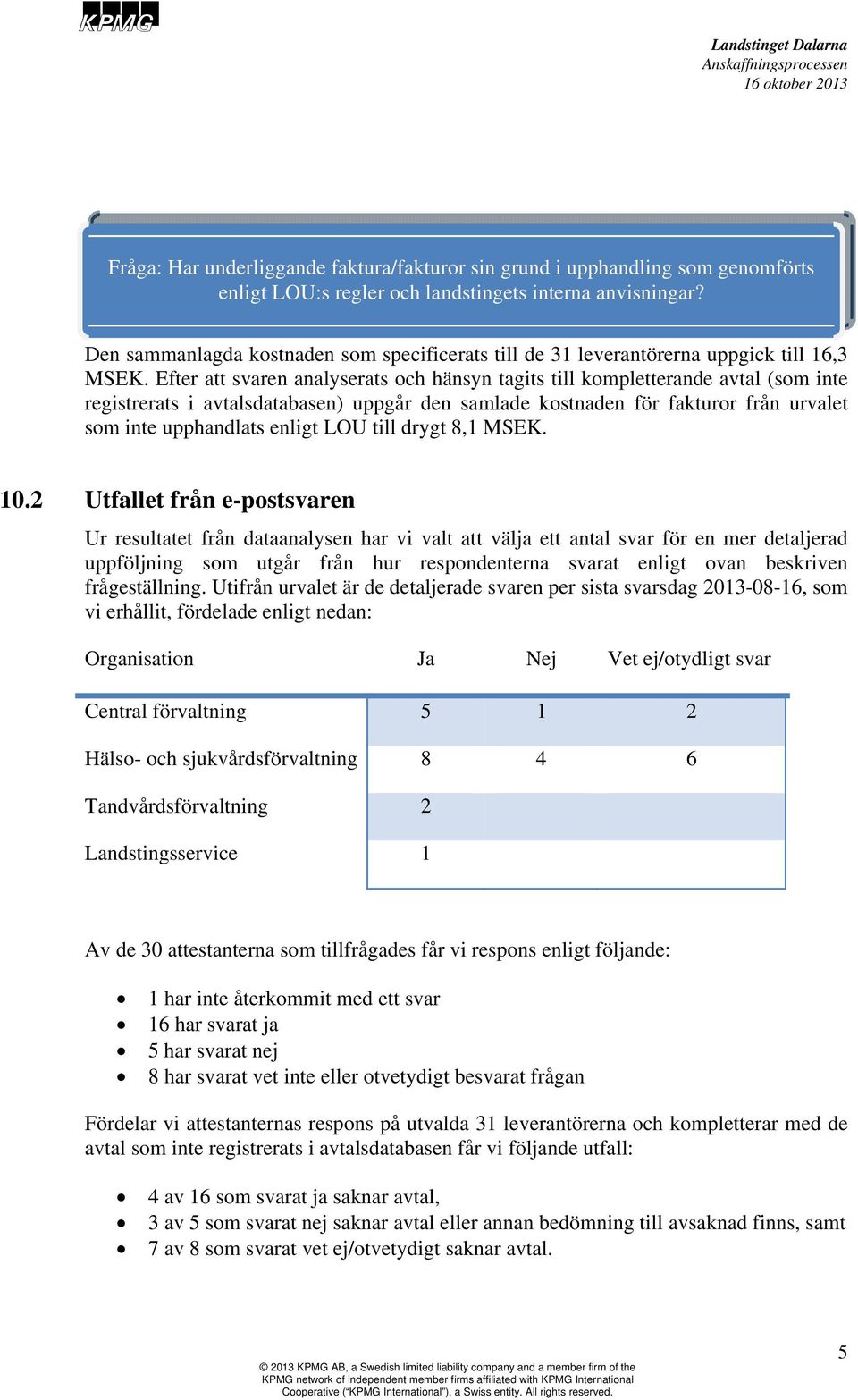 Efter att svaren analyserats och hänsyn tagits till kompletterande avtal (som inte registrerats i avtalsdatabasen) uppgår den samlade kostnaden för fakturor från urvalet som inte upphandlats enligt