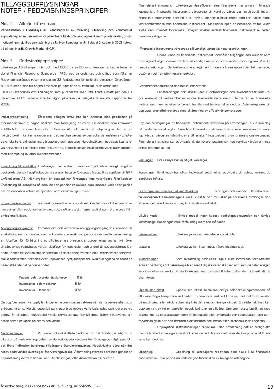 Not 2 Redovisningsprinciper LifeAssays AB tillämpar från och med 2005 de av EU-kommissionen antagna International Financial Reporting Standards, IFRS, med de undantag och tillägg som följer av