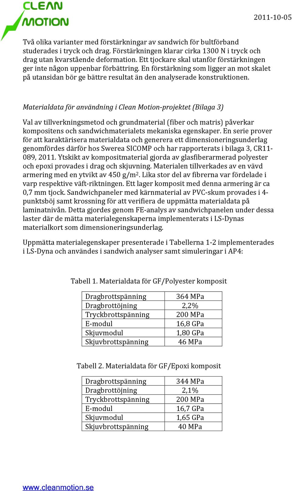 Materialdata för användning i Clean Motion-projektet (Bilaga 3) Val av tillverkningsmetod och grundmaterial (fiber och matris) påverkar kompositens och sandwichmaterialets mekaniska egenskaper.