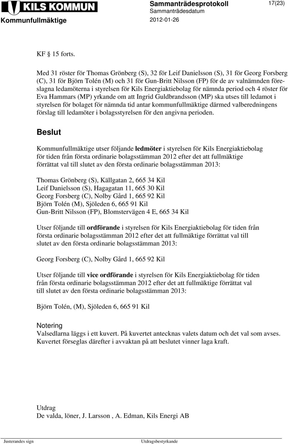 styrelsen för Kils Energiaktiebolag för nämnda period och 4 röster för Eva Hammars (MP) yrkande om att Ingrid Guldbrandsson (MP) ska utses till ledamot i styrelsen för bolaget för nämnda tid antar