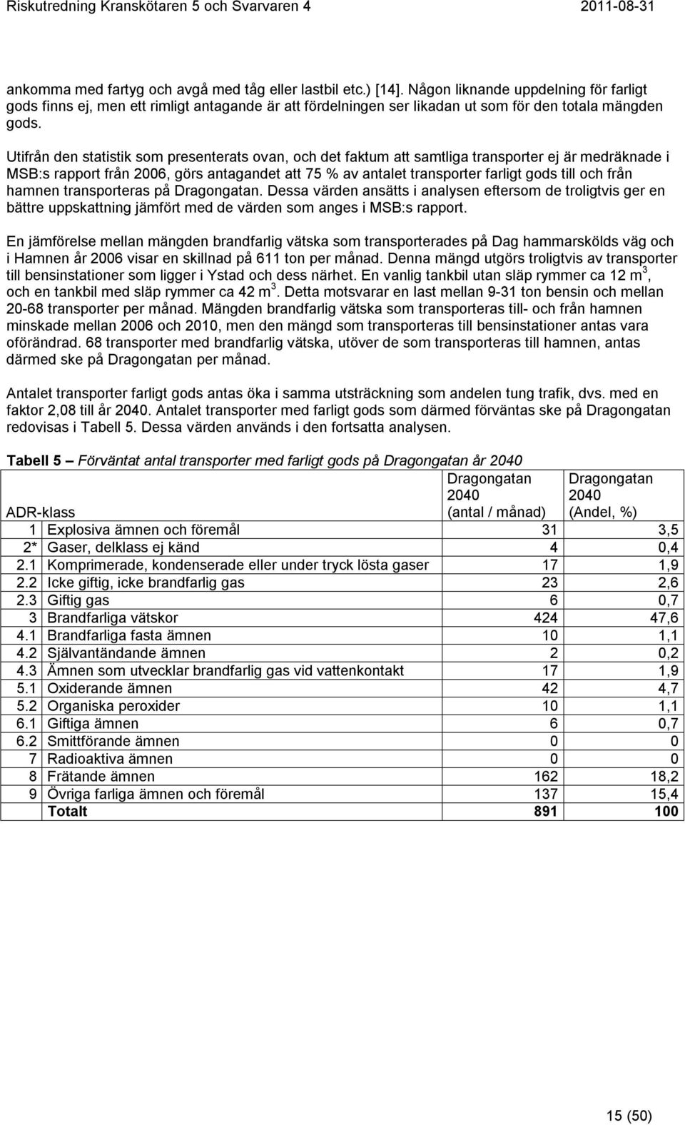 Utifrån den statistik som presenterats ovan, och det faktum att samtliga transporter ej är medräknade i MSB:s rapport från 2006, görs antagandet att 75 % av antalet transporter farligt gods till och