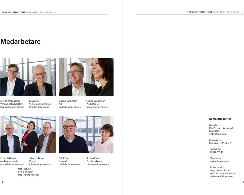 se Kontaktuppgifter Postadress: Min Pension i Sverige AB Box 24043 104 50 Stockholm Besöksadress: Karlavägen 108, plan 6 Växeltelefon: 08-522 785 40 Cenneth Eriksson Marknadsansvarig