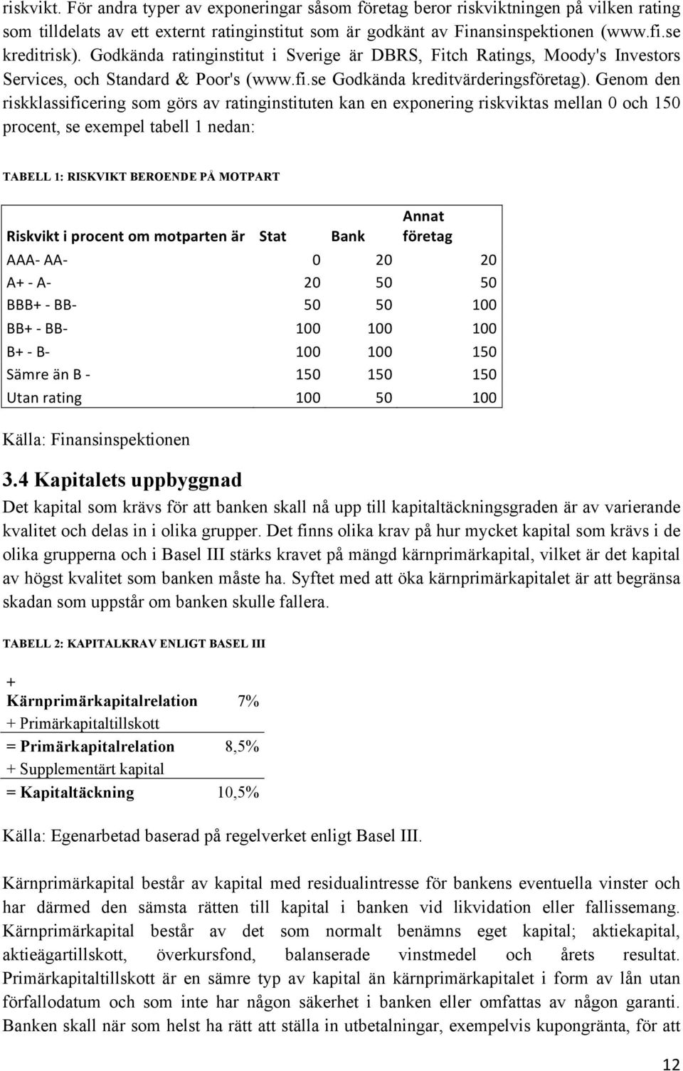 Genom den riskklassificering som görs av ratinginstituten kan en exponering riskviktas mellan 0 och 150 procent, se exempel tabell 1 nedan: TABELL 1: RISKVIKT BEROENDE PÅ MOTPART Riskvikt i procent