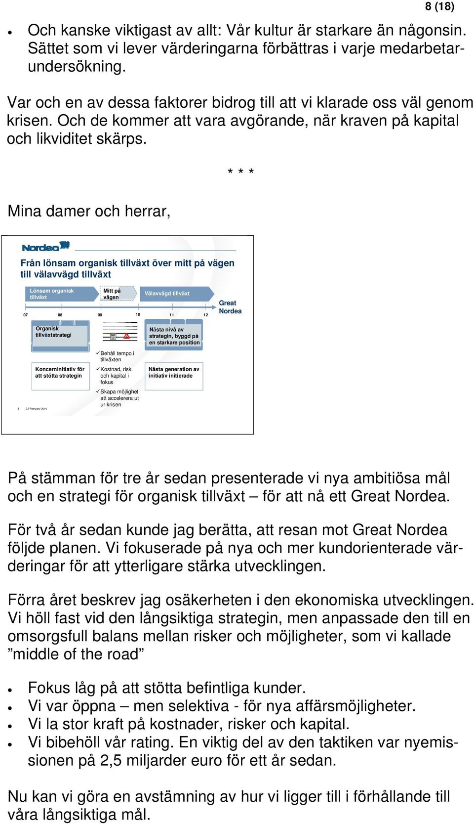 Mina damer och herrar, * * * Från lönsam organisk tillväxt över mitt på vägen till välavvägd tillväxt Lönsam organisk tillväxt Mitt på vägen Välavvägd tillväxt 07 08 09 10 11 12 Great Nordea Organisk