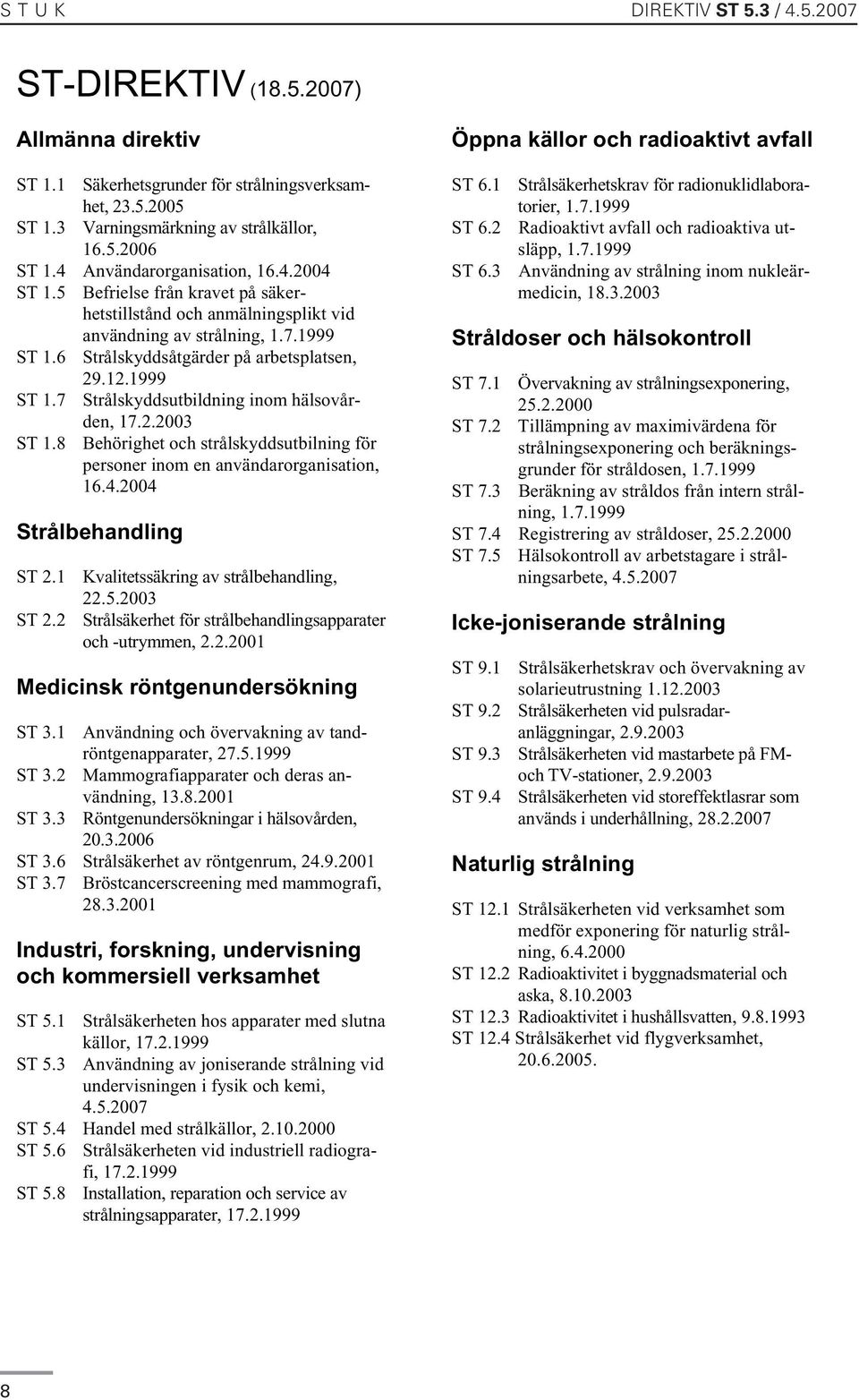 1999 ST 1.7 Strålskyddsutbildning inom hälsovården, 17.2.2003 ST 1.8 Behörighet och strålskyddsutbilning för personer inom en användarorganisation, 16.4.2004 Strålbehandling ST 2.