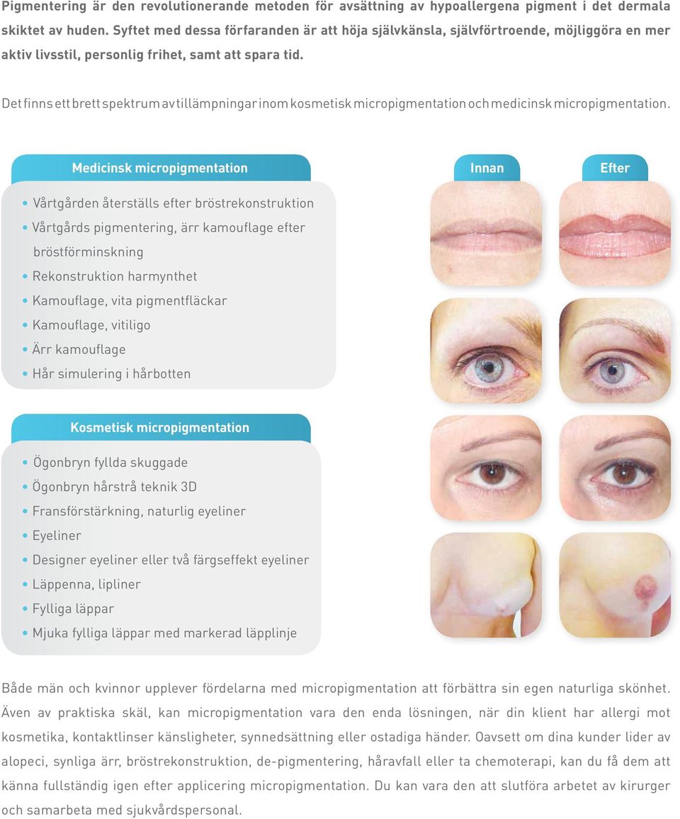 Det finns ett brett spektrum av tillämpningar inom kosmetisk micropigmentation och medicinsk micropigmentation.