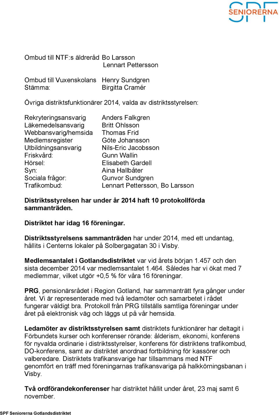 Johansson Nils-Eric Jacobsson Gunn Wallin Elisabeth Gardell Aina Hallbåter Gunvor Sundgren Lennart Pettersson, Bo Larsson Distriktsstyrelsen har under år 2014 haft 10 protokollförda sammanträden.