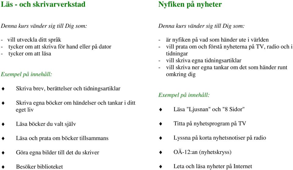 Besöker biblioteket - är nyfiken på vad som händer ute i världen - vill prata om och förstå nyheterna på TV, radio och i tidningar - vill skriva egna tidningsartiklar - vill skriva