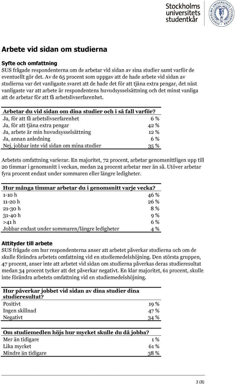 huvudsysselsättning och det minst vanliga att de arbetar för att få arbetslivserfarenhet. Arbetar du vid sidan om dina studier och i så fall varför?