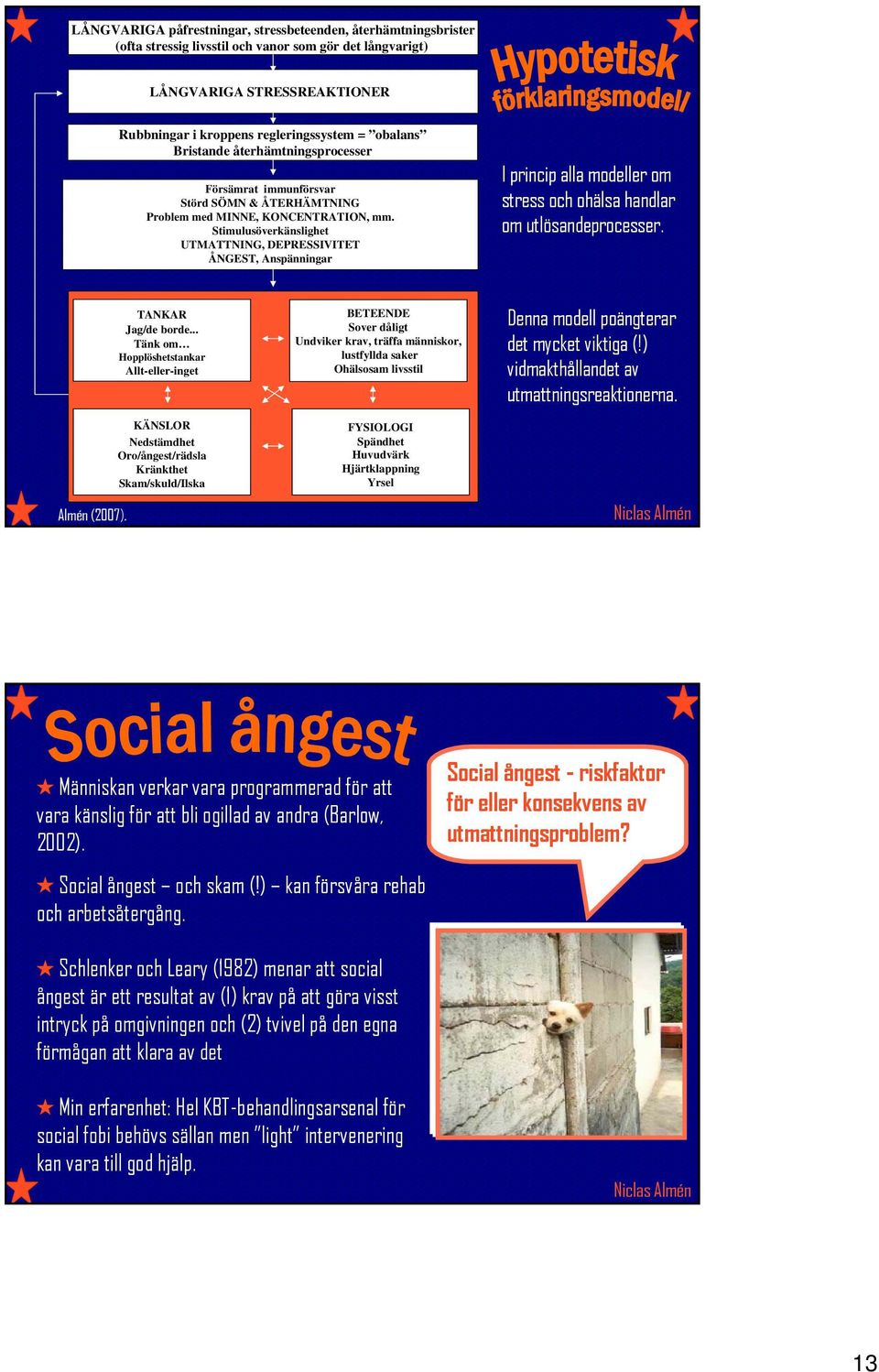 Stimulusöverkänslighet UTMATTNING, DEPRESSIVITET ÅNGEST, Anspänningar I princip alla modeller om stress och ohälsa handlar om utlösandeprocesser. Almén (2007). TANKAR Jag/de borde.