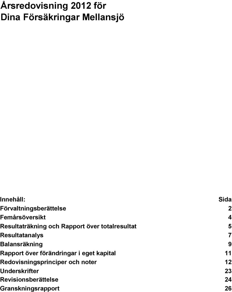 totalresultat 5 Resultatanalys 7 Balansräkning 9 Rapport över förändringar i eget