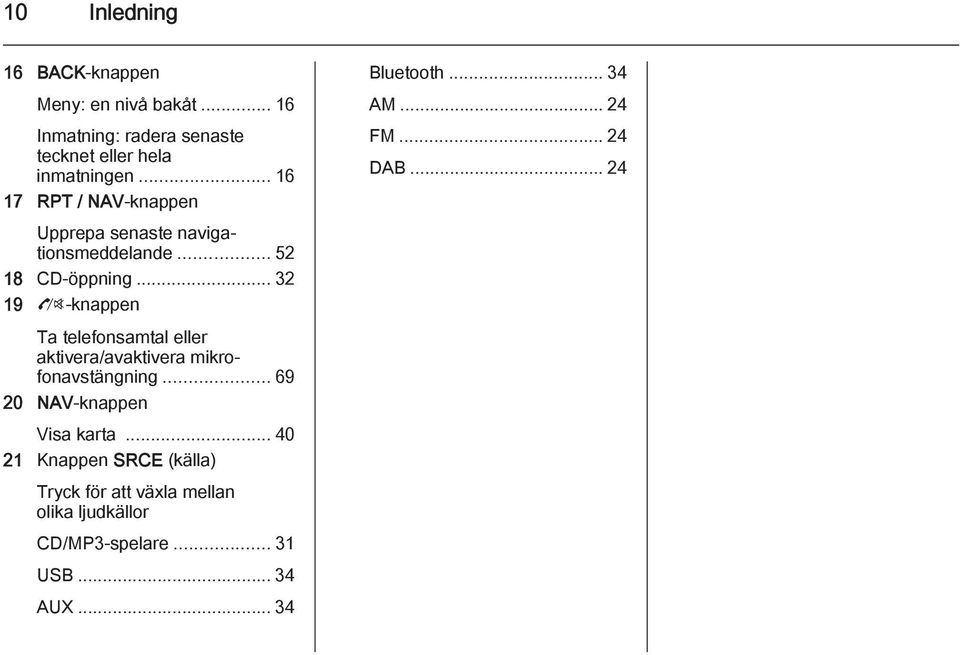 .. 32 19 O-knappen Ta telefonsamtal eller aktivera/avaktivera mikrofonavstängning... 69 20 NAV-knappen Visa karta.