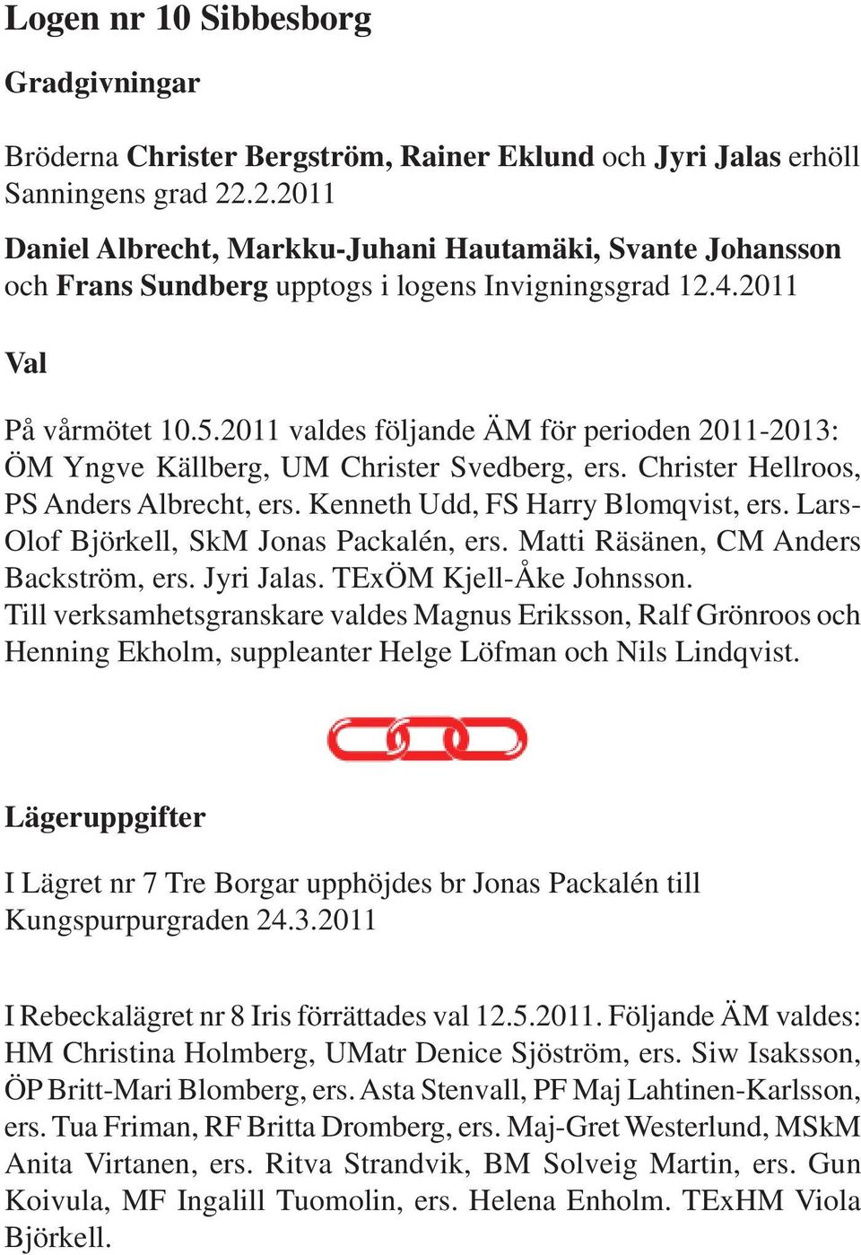 2011 valdes följande ÄM för perioden 2011-2013: ÖM Yngve Källberg, UM Christer Svedberg, ers. Christer Hellroos, PS Anders Albrecht, ers. Kenneth Udd, FS Harry Blomqvist, ers.