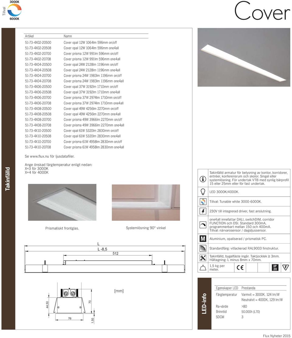 12W 1064lm 596mm on/off Cover opal 12W 1064lm 596mm one4all Cover prisma 12W 991lm 596mm on/off Cover prisma 12W 991lm 596mm one4all Cover opal 24W 2128lm 1196mm on/off Cover opal 24W 2128lm 1196mm
