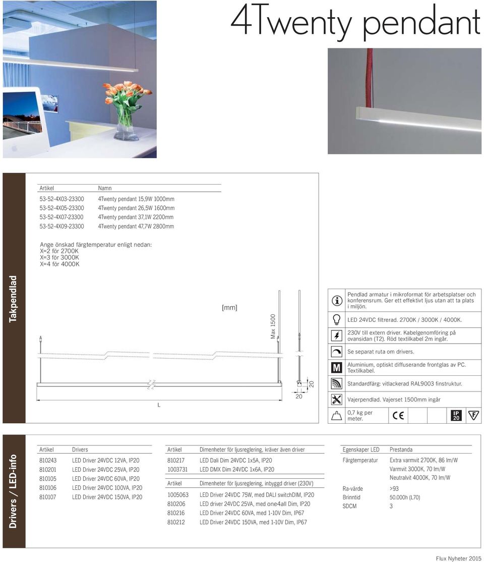 Ger ett effektivt ljus utan att ta plats i miljön. LED 24VDC filtrerad. 2700K / 3000K / 4000K. 230V till extern driver. Kabelgenomföring på ovansidan (T2). Röd textilkabel 2m ingår.