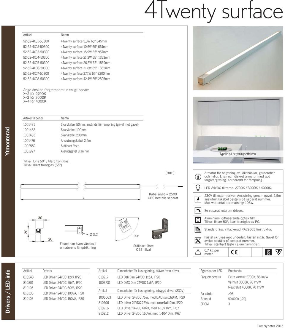 2505mm Ange önskad färgtemperatur enligt nedan: X=2 för 2700K X=3 för 3000K X=4 för 4000K Ytmonterad tillbehör 1001481 Skarvkabel 50mm, används för rampning (gavel mot gavel) 1001482 Skarvkabel 100mm