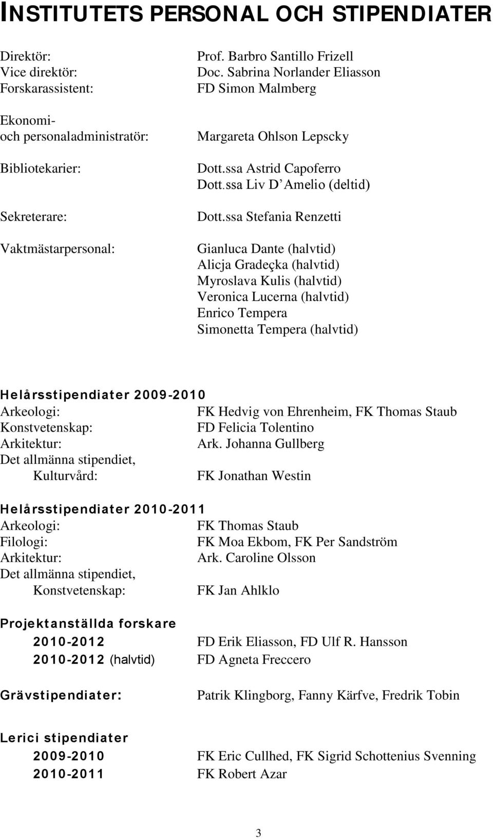 ssa Stefania Renzetti Gianluca Dante (halvtid) Alicja Gradeçka (halvtid) Myroslava Kulis (halvtid) Veronica Lucerna (halvtid) Enrico Tempera Simonetta Tempera (halvtid) Helårsstipendiater 2009-2010
