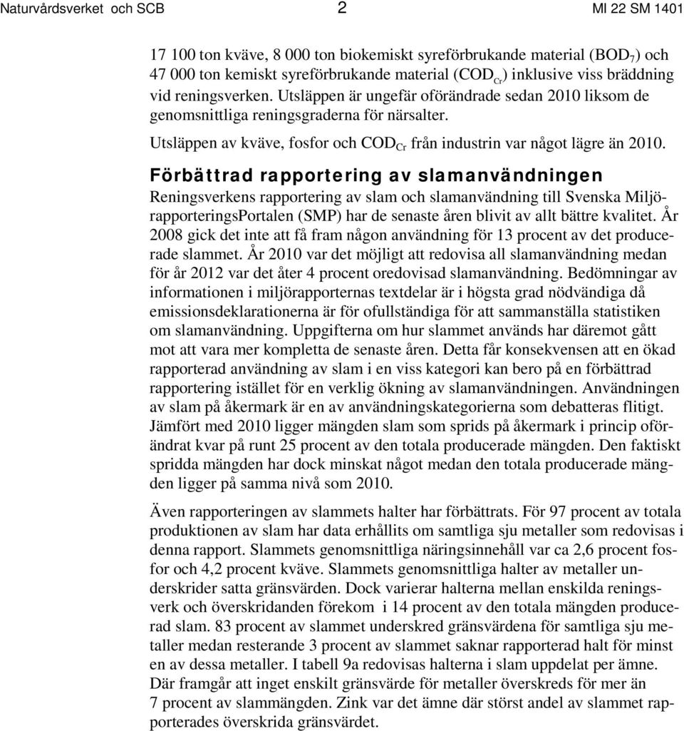 Förbättrad rapportering av slamanvändningen Reningsverkens rapportering av slam och slamanvändning till Svenska MiljörapporteringsPortalen (SMP) har de senaste åren blivit av allt bättre kvalitet.