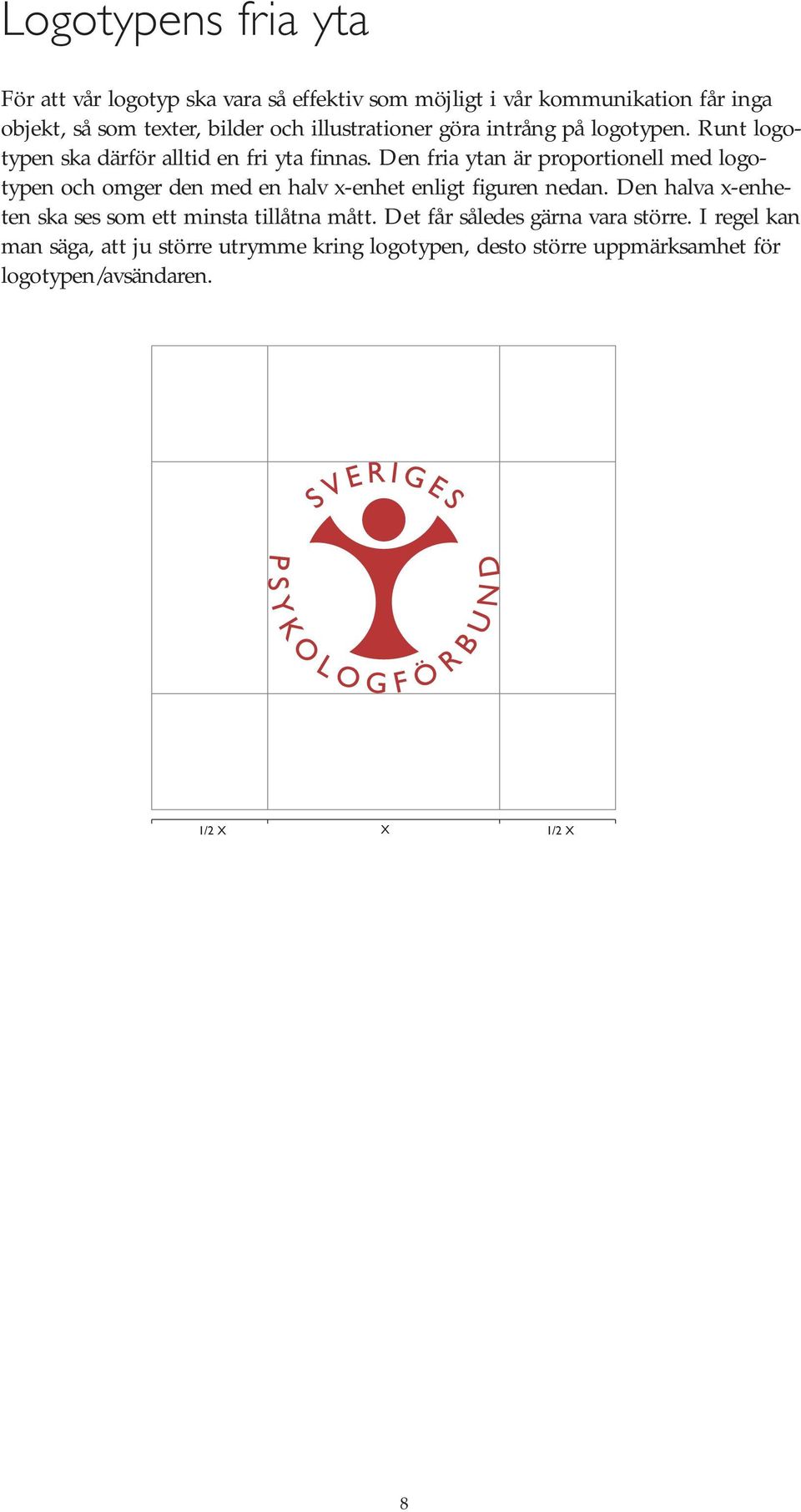 Den fria ytan är proportionell med logotypen och omger den med en halv x-enhet enligt figuren nedan.
