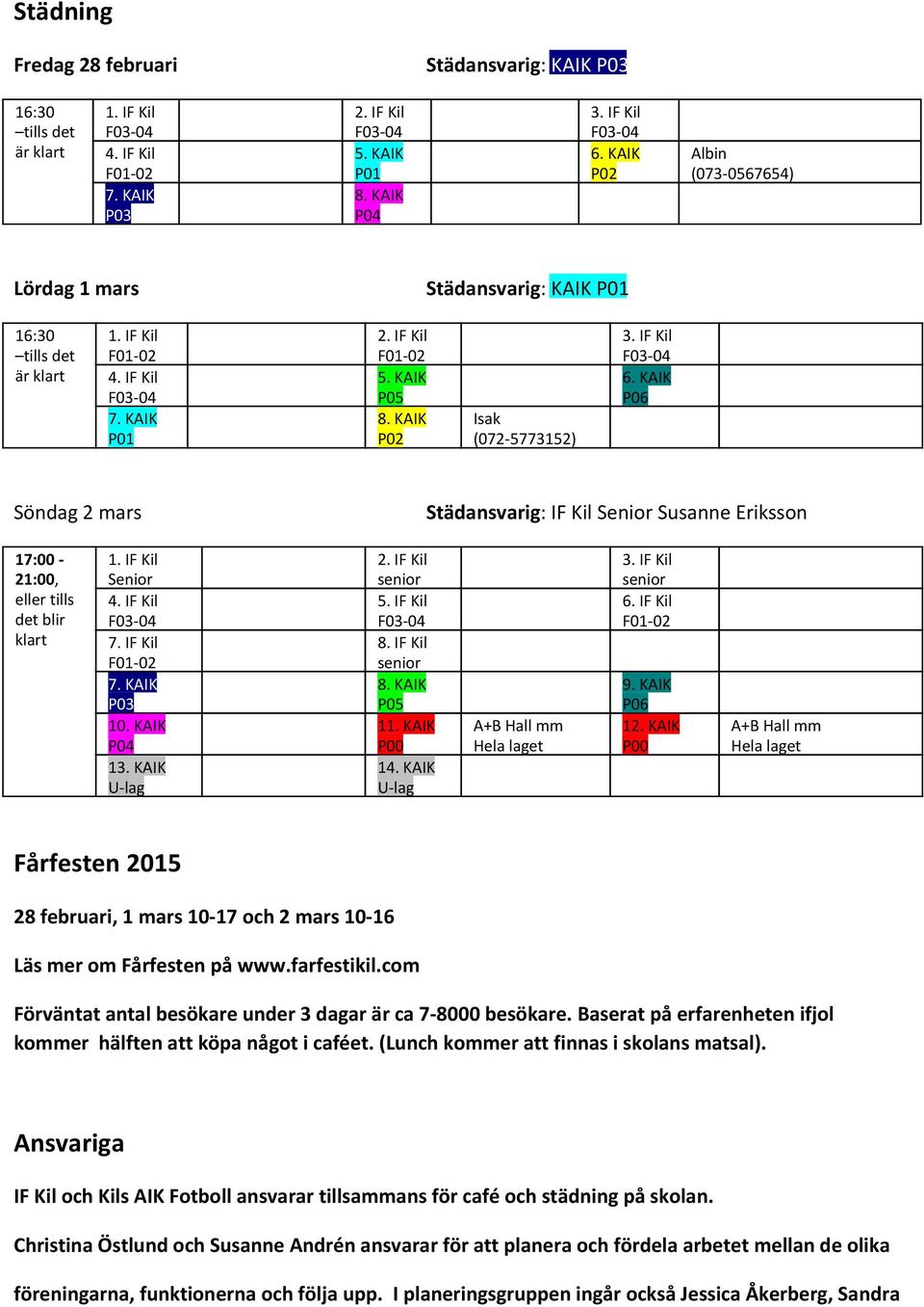 KAIK P00 A+B Hall mm Hela laget Fårfesten 2015 28 februari, 1 mars 10-17 och 2 mars 10-16 Läs mer om Fårfesten på www.farfestikil.com Förväntat antal besökare under 3 dagar är ca 7-8000 besökare.