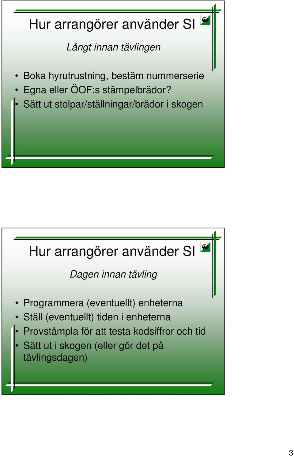 Sätt ut stolpar/ställningar/brädor i skogen Hur arrangörer använder SI Dagen innan tävling