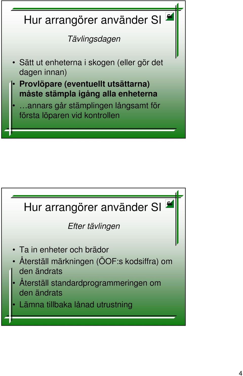löparen vid kontrollen Hur arrangörer använder SI Efter tävlingen Ta in enheter och brädor Återställ