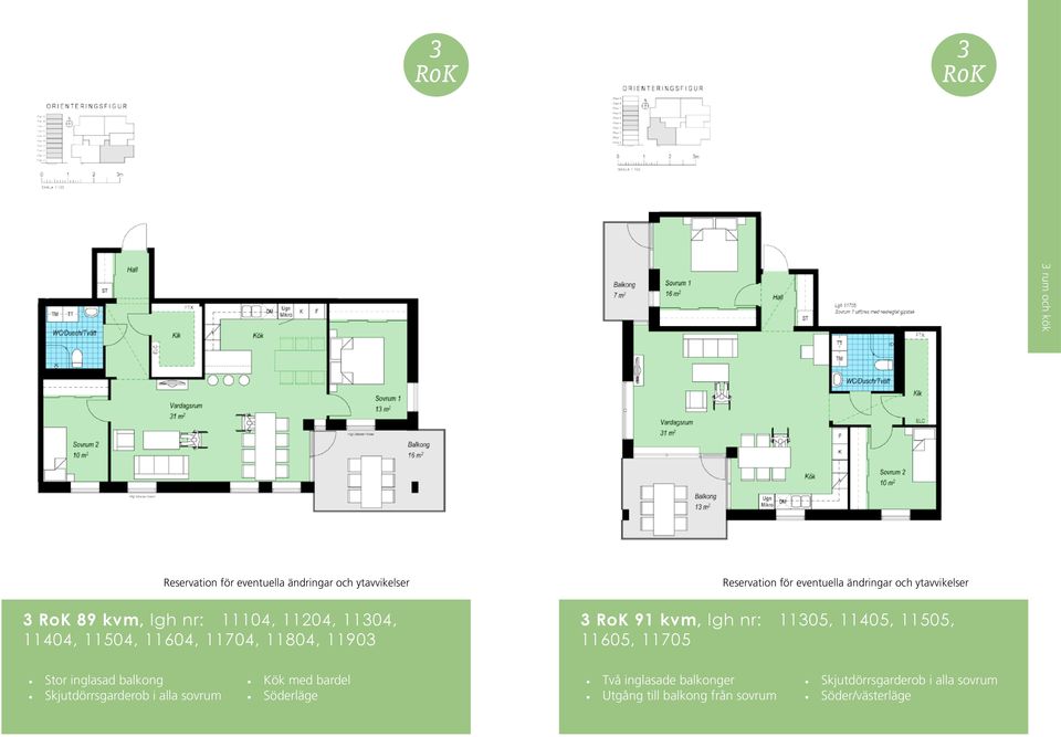 91 kvm, lgh nr: 11305, 11405, 11505, 11605, 11705 Stor inglasad balkong Skjutdörrsgarderob i alla sovrum Kök med