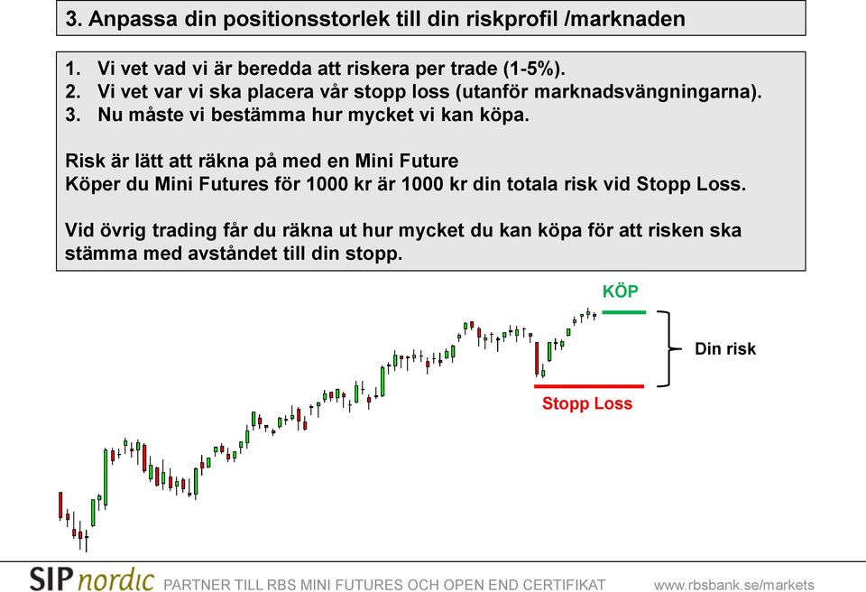 Risk är lätt att räkna på med en Mini Future Köper du Mini Futures för 1000 kr är 1000 kr din totala risk vid Stopp Loss.