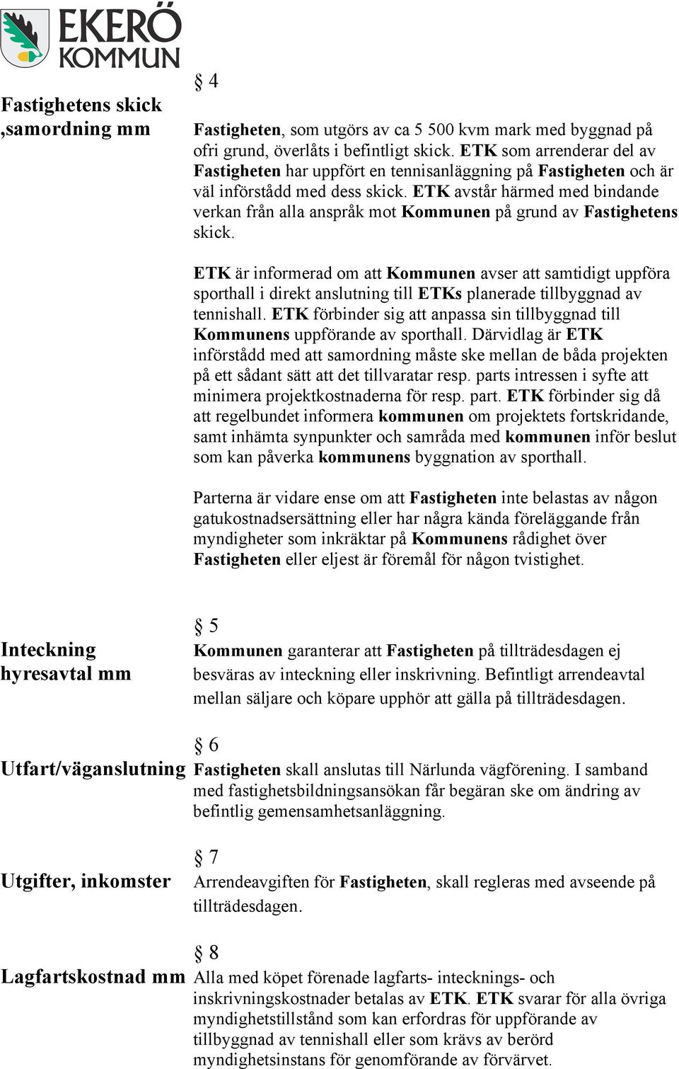 ETK avstår härmed med bindande verkan från alla anspråk mot Kommunen på grund av Fastighetens skick.