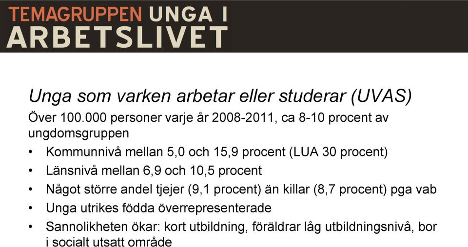 procent (LUA 30 procent) Länsnivå mellan 6,9 och 10,5 procent Något större andel tjejer (9,1 procent) än