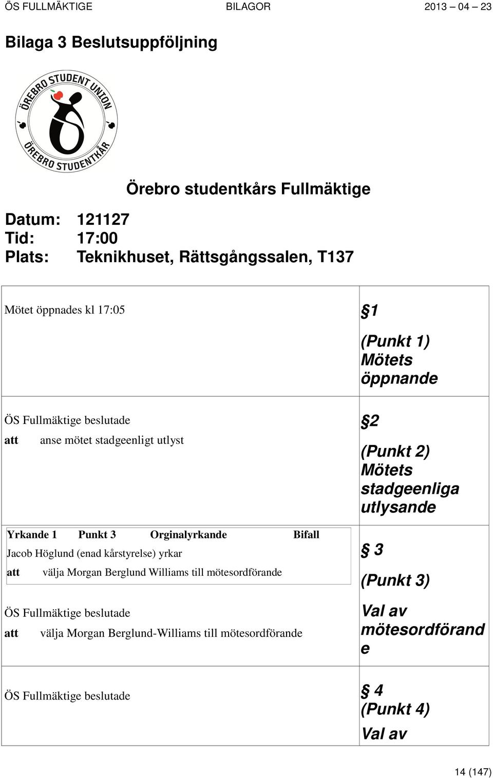 Höglund (enad kårstyrelse) yrkar att välja Morgan Berglund Williams till mötesordförande ÖS Fullmäktige beslutade att välja Morgan