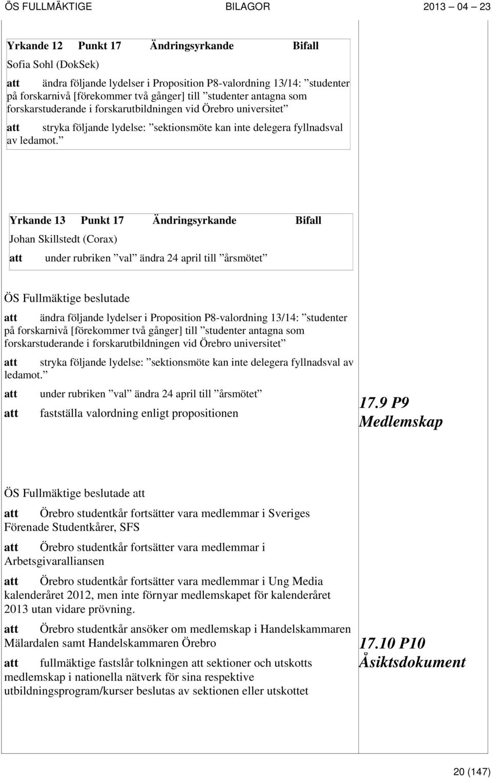 Yrkande 13 Punkt 17 Ändringsyrkande Bifall Johan Skillstedt (Corax) att under rubriken val ändra 24 april till årsmötet ÖS Fullmäktige beslutade att ändra följande lydelser i Proposition