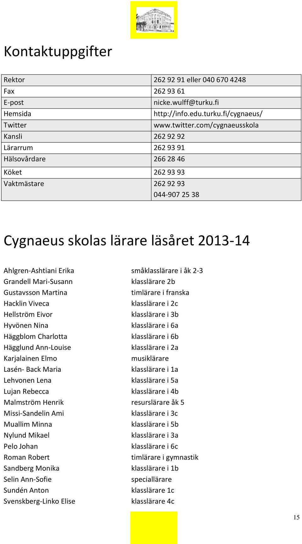 småklasslärare i åk 2-3 Grandell Mari-Susann klasslärare 2b Gustavsson Martina timlärare i franska Hacklin Viveca klasslärare i 2c Hellström Eivor klasslärare i 3b Hyvönen Nina klasslärare i 6a