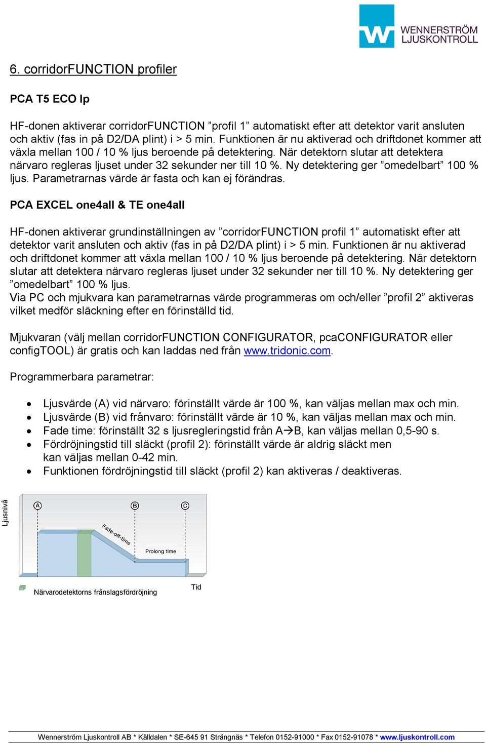 Ny detektering ger omedelbart 100 % ljus. Parametrarnas värde är fasta och kan ej förändras.