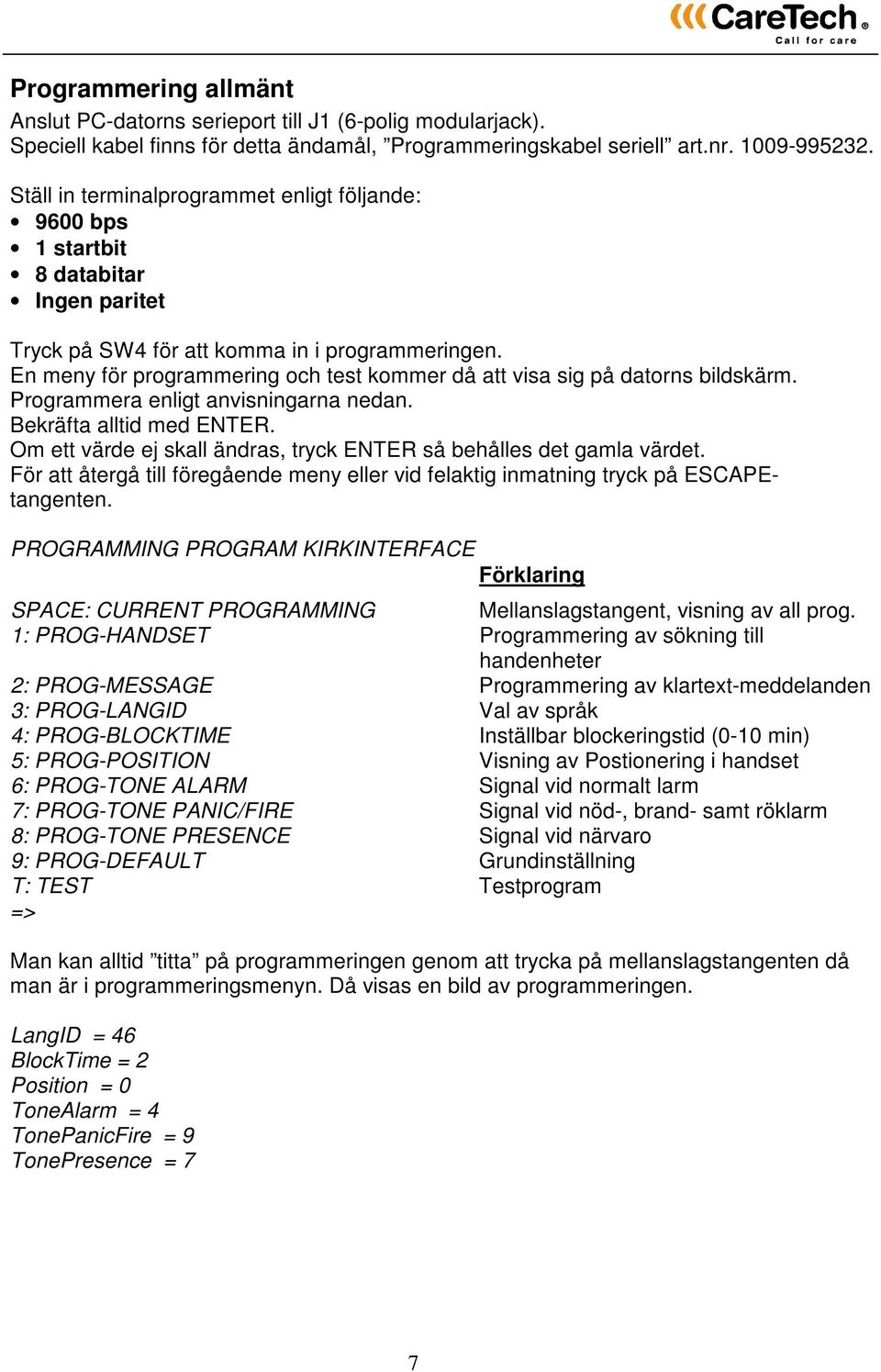 En meny för programmering och test kommer då att visa sig på datorns bildskärm. Programmera enligt anvisningarna nedan. Bekräfta alltid med ENTER.