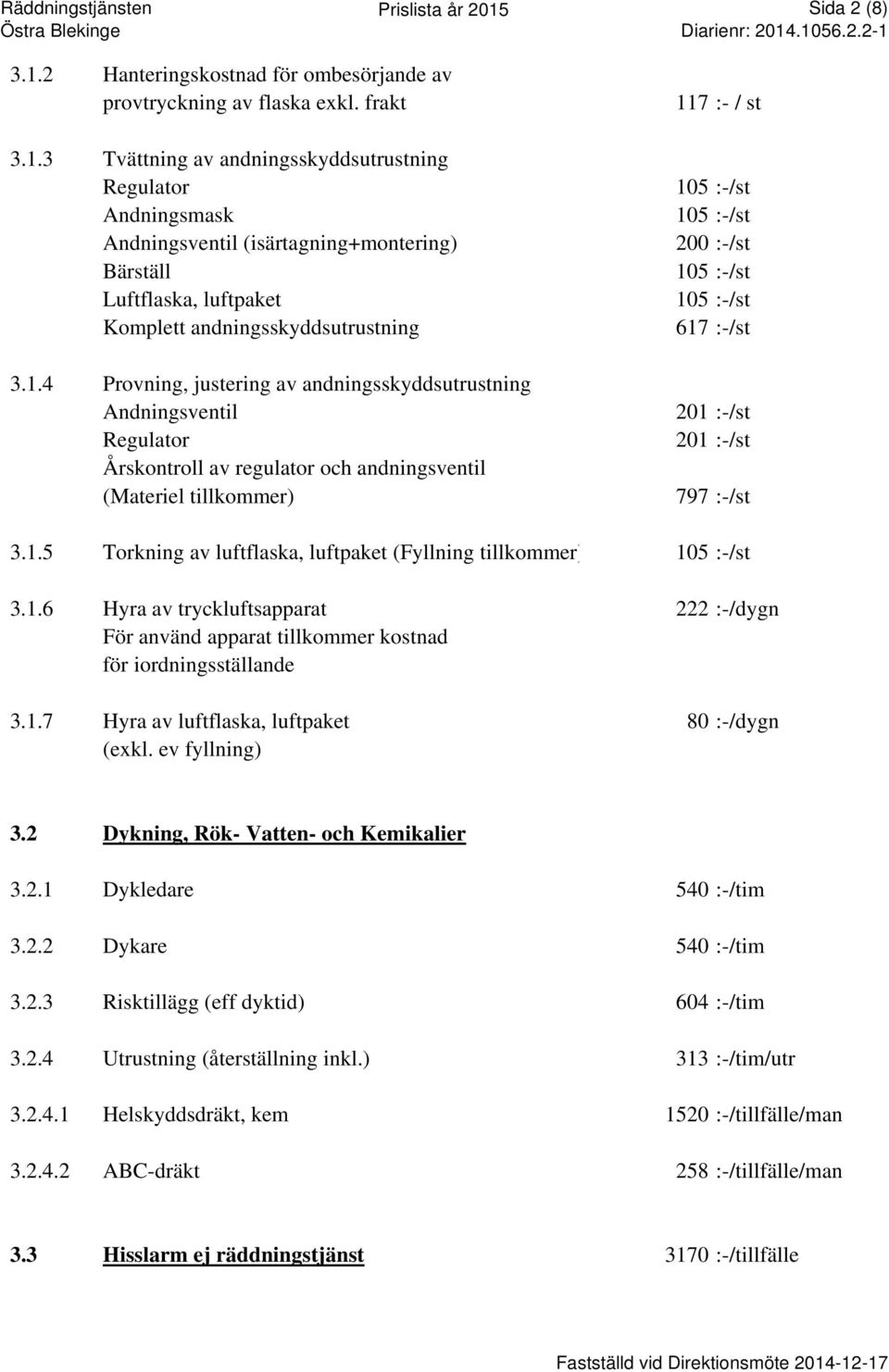 :-/st 617 :-/st 201 :-/st 201 :-/st 797 :-/st 3.1.5 Torkning av luftflaska, luftpaket (Fyllning tillkommer) 105 :-/st 3.1.6 Hyra av tryckluftsapparat 222 :-/dygn För använd apparat tillkommer kostnad för iordningsställande 3.
