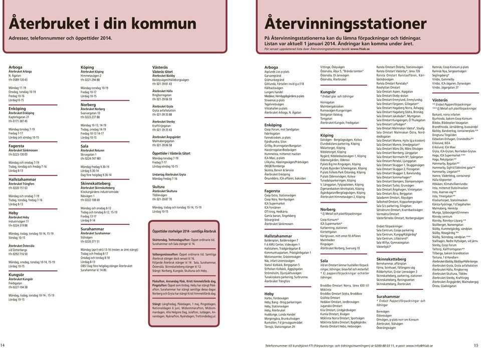 Ågatan tfn 0589-120 43 Måndag 11-19 Onsdag, torsdag 10-19 Fredag 10-16 Lördag10-15 Enköping Återbruket Enköping Kaptensgatan 21 tfn 0171-387 45 Måndag-torsdag 7-19 Fredag 7-17 Lördag och söndag 10-15