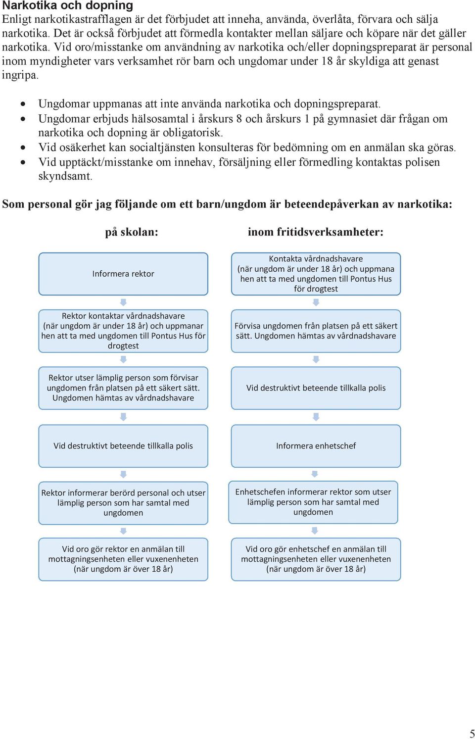 Vid oro/misstanke om användning av narkotika och/eller dopningspreparat är personal inom myndigheter vars verksamhet rör barn och ungdomar under 18 år skyldiga att genast ingripa.