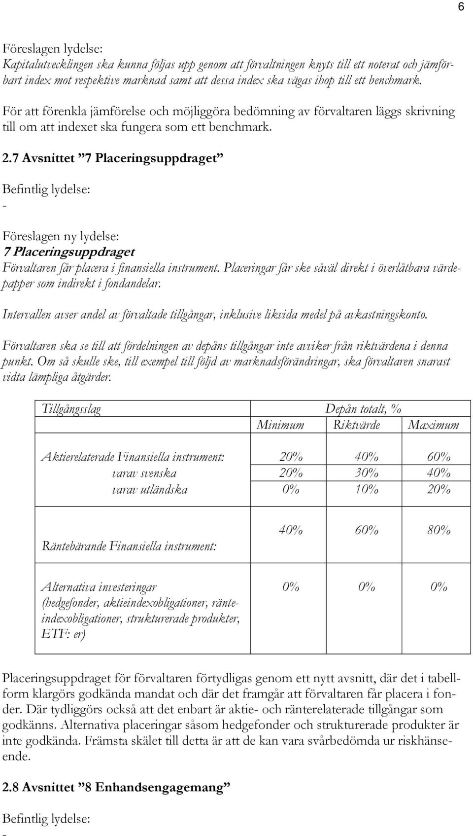 7 Avsnittet 7 Placeringsuppdraget Befintlig lydelse: - Föreslagen ny lydelse: 7 Placeringsuppdraget Förvaltaren får placera i finansiella instrument.